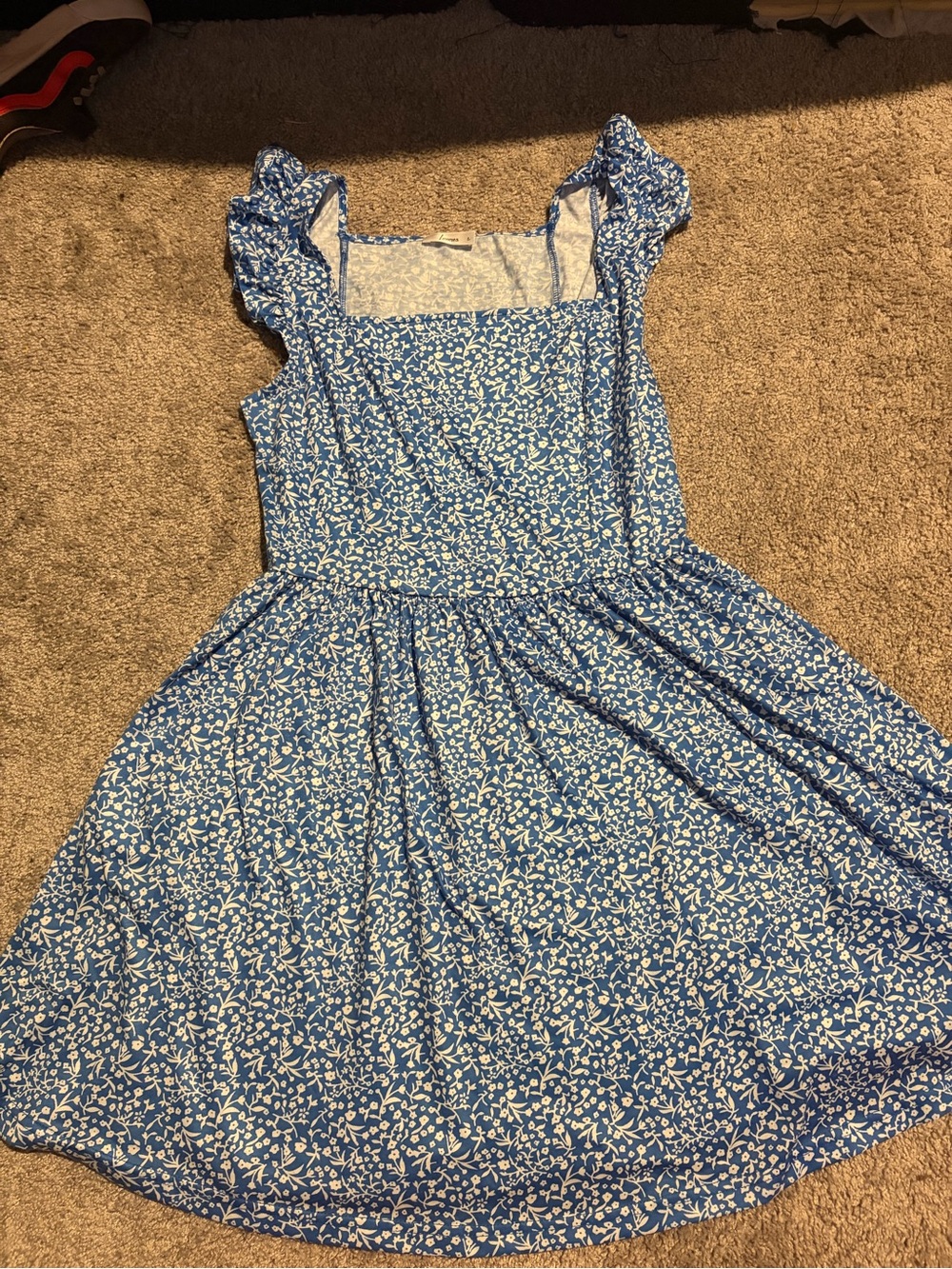 Blue Floral Square-Neck Midi Dress with Ruffle Straps